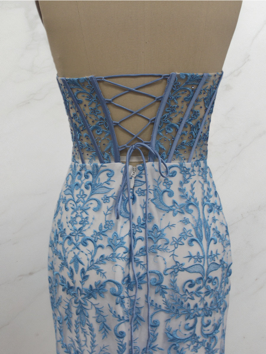 Blue Strapless Pearl Beaded Ruched Long Corset Prom Dress