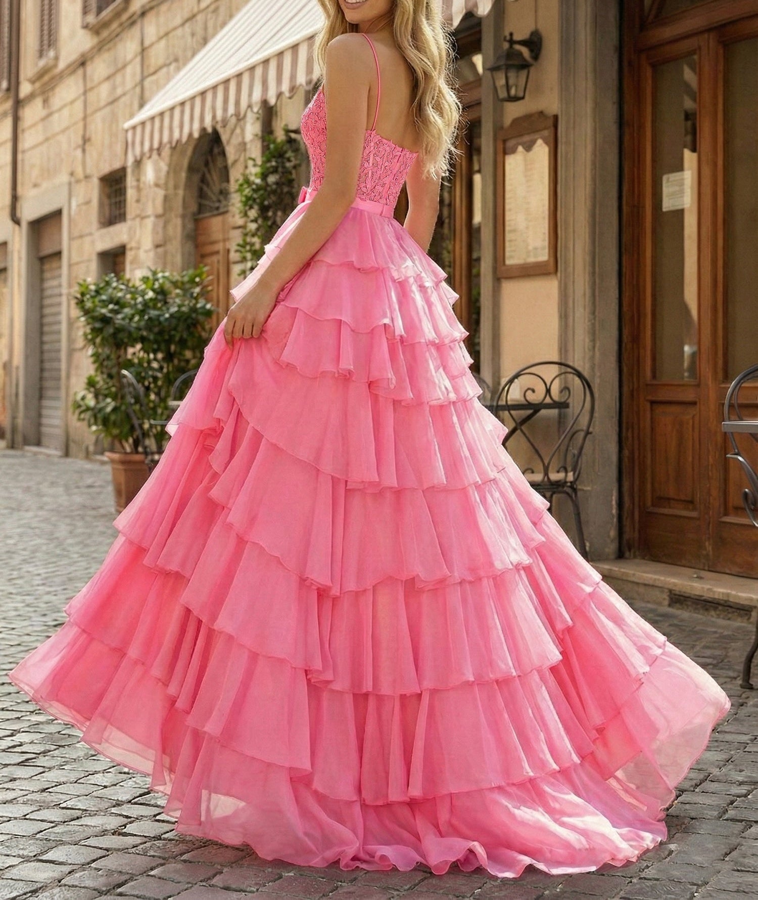 Hot Pink Tiered Ruffle Corset A-Line Prom Dress with Slit