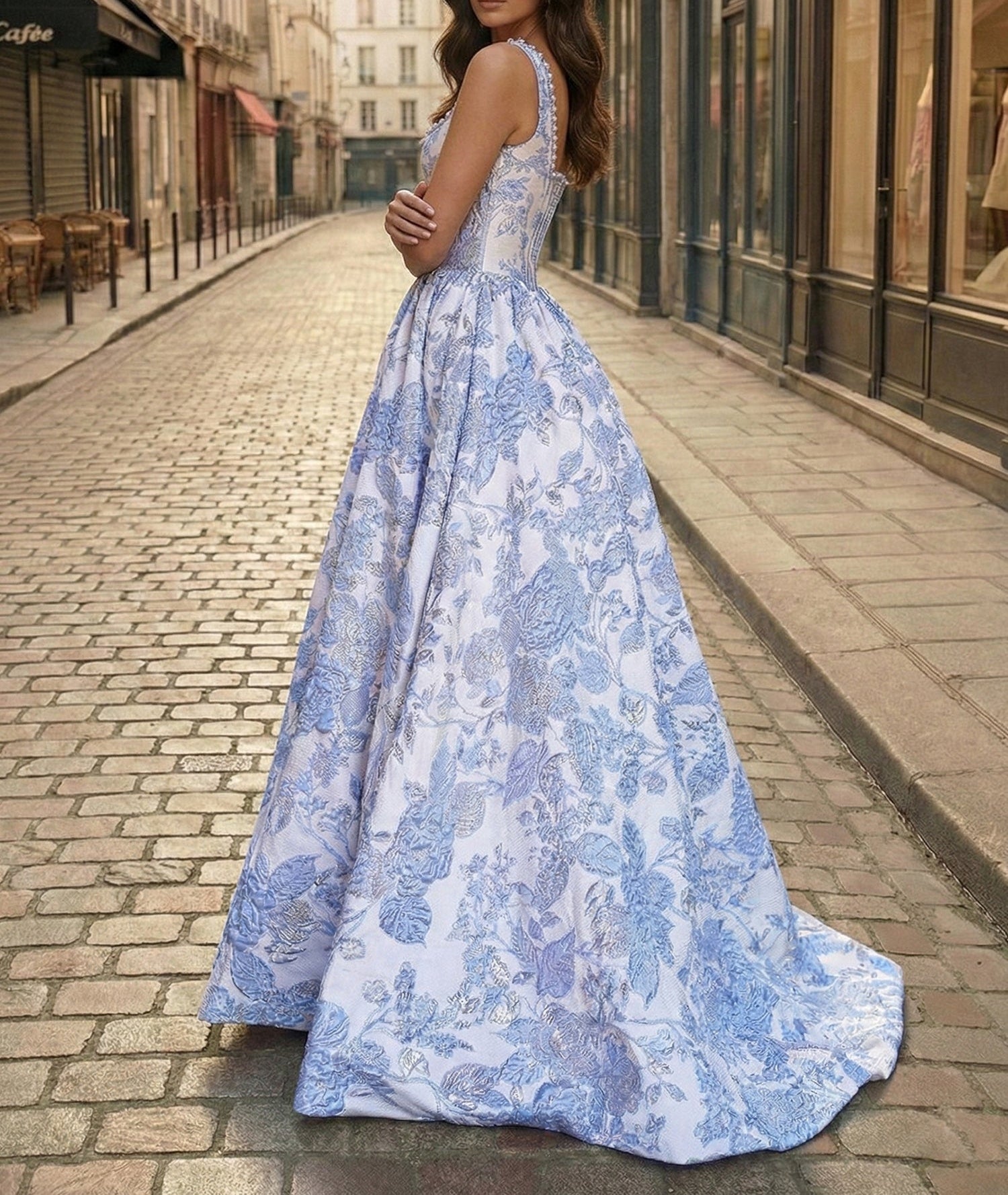 Blue Floral Brocade Pearl Long Corset Prom Dress