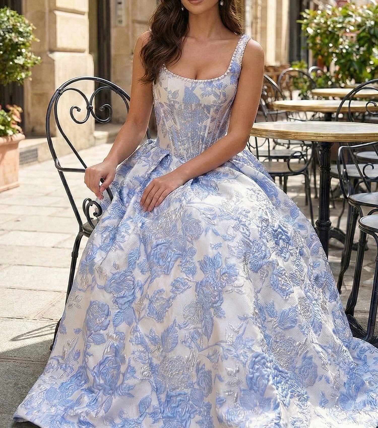 Blue Floral Brocade Pearl Long Corset Prom Dress