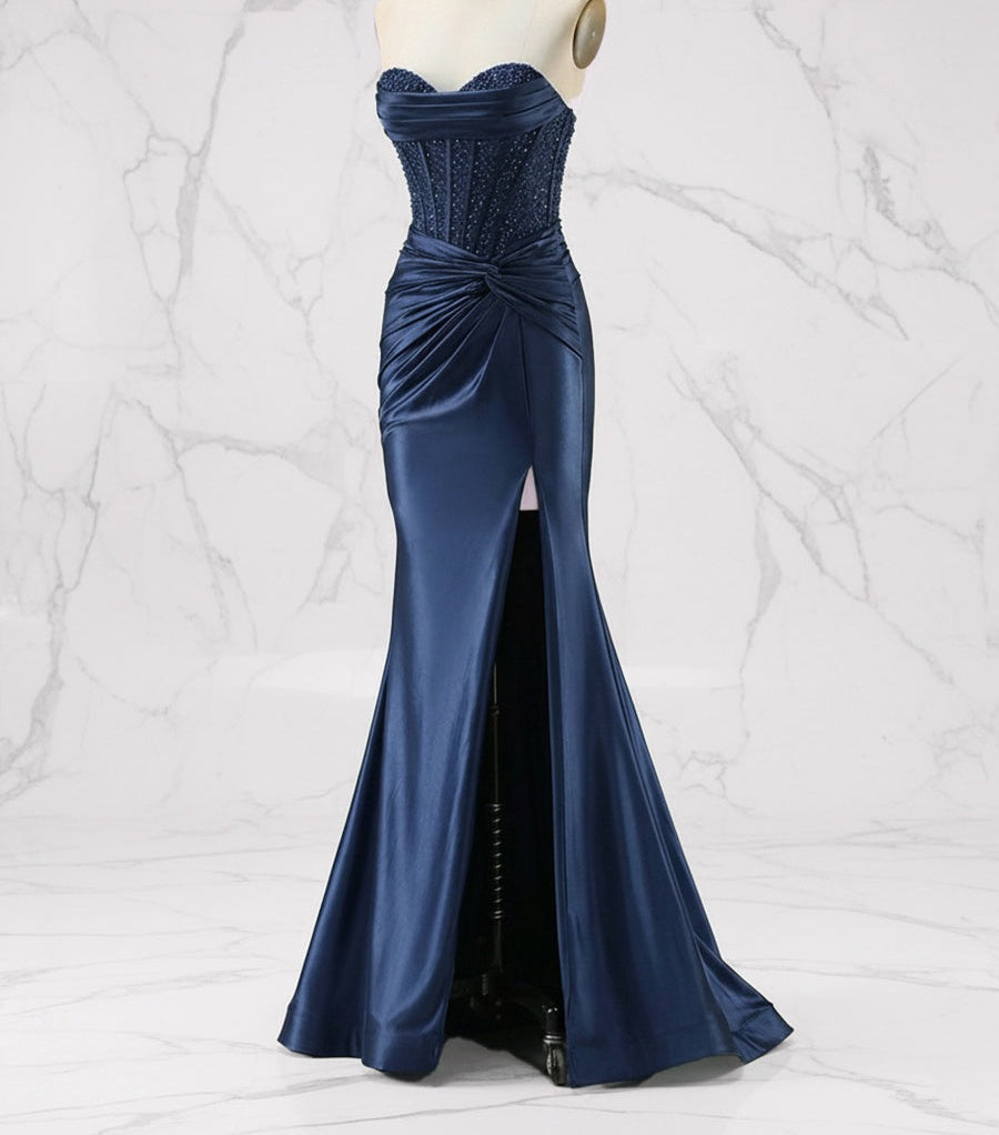 Glamorous Strapless Beaded Corset Satin Prom Dress with Slit