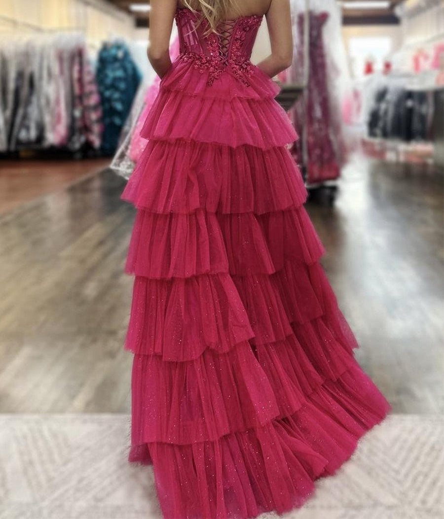 Fuchsia Strapless Tiered Ruffles Corset Prom Dress with Slit