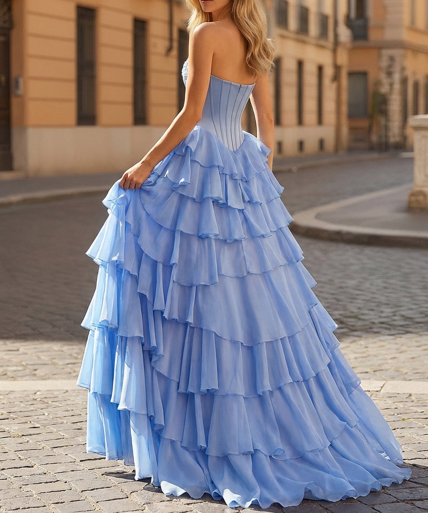 Blue Strapless Corset Tiered Ruffles Prom Dress with Slit