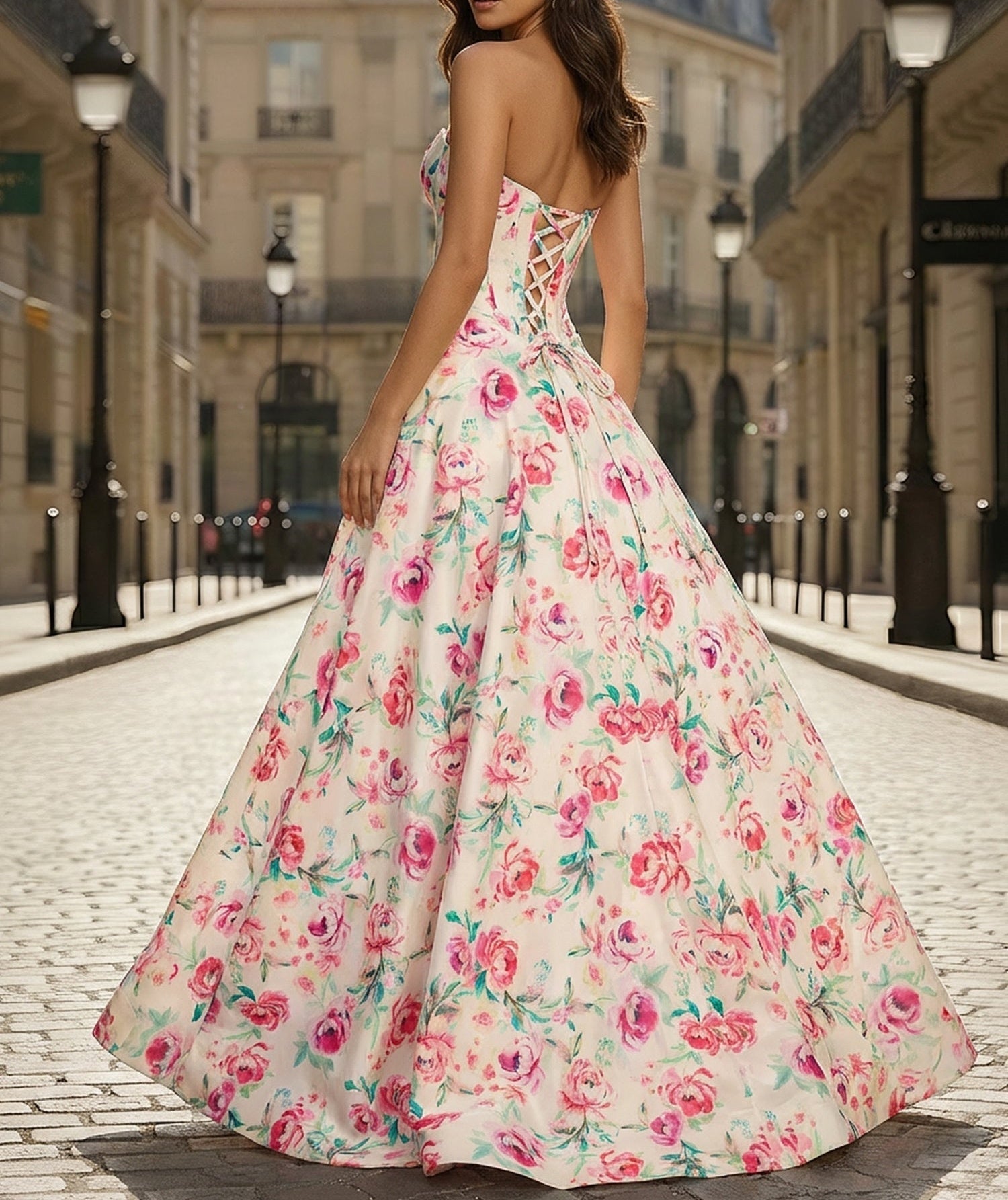 Pink Floral A Line Strapless Corset Prom Dress with Slit
