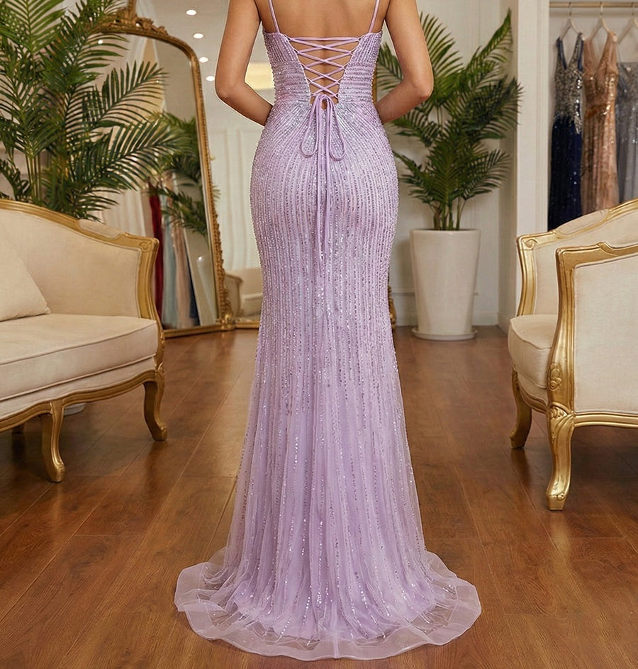 Lavender Mermaid / Trumpet Linear Beaded Plunging V-Neck Mermaid Prom Dress