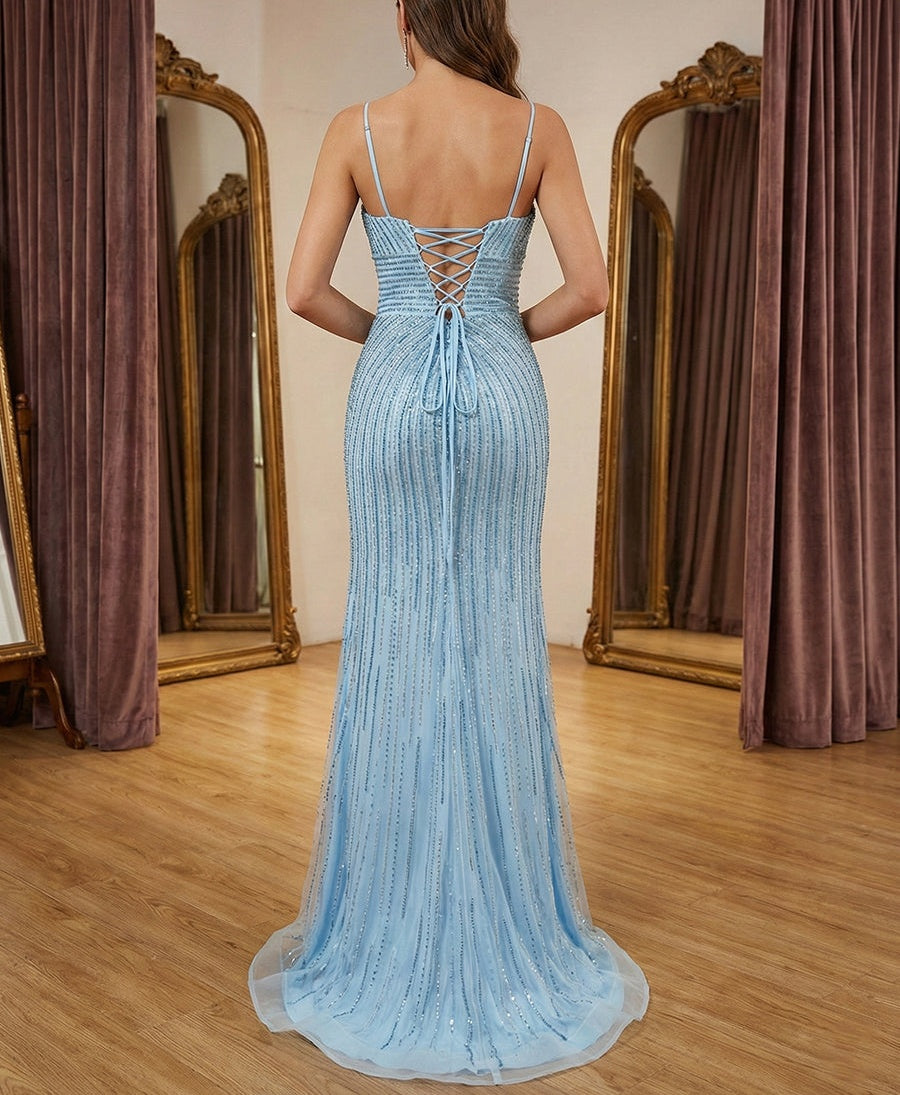 Lavender Mermaid / Trumpet Linear Beaded Plunging V-Neck Mermaid Prom Dress