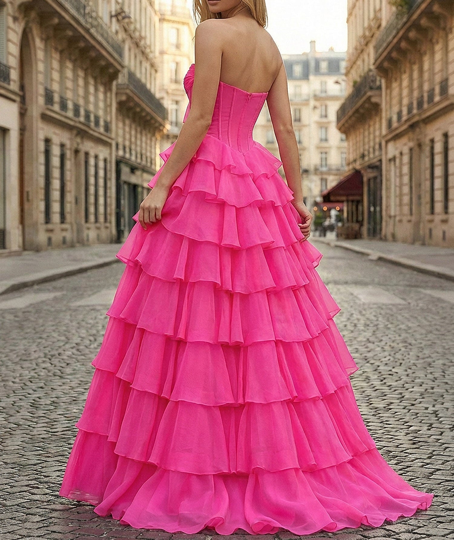 Hot Pink Strapless Tiered Ruffle Corset Prom Dress with Slit