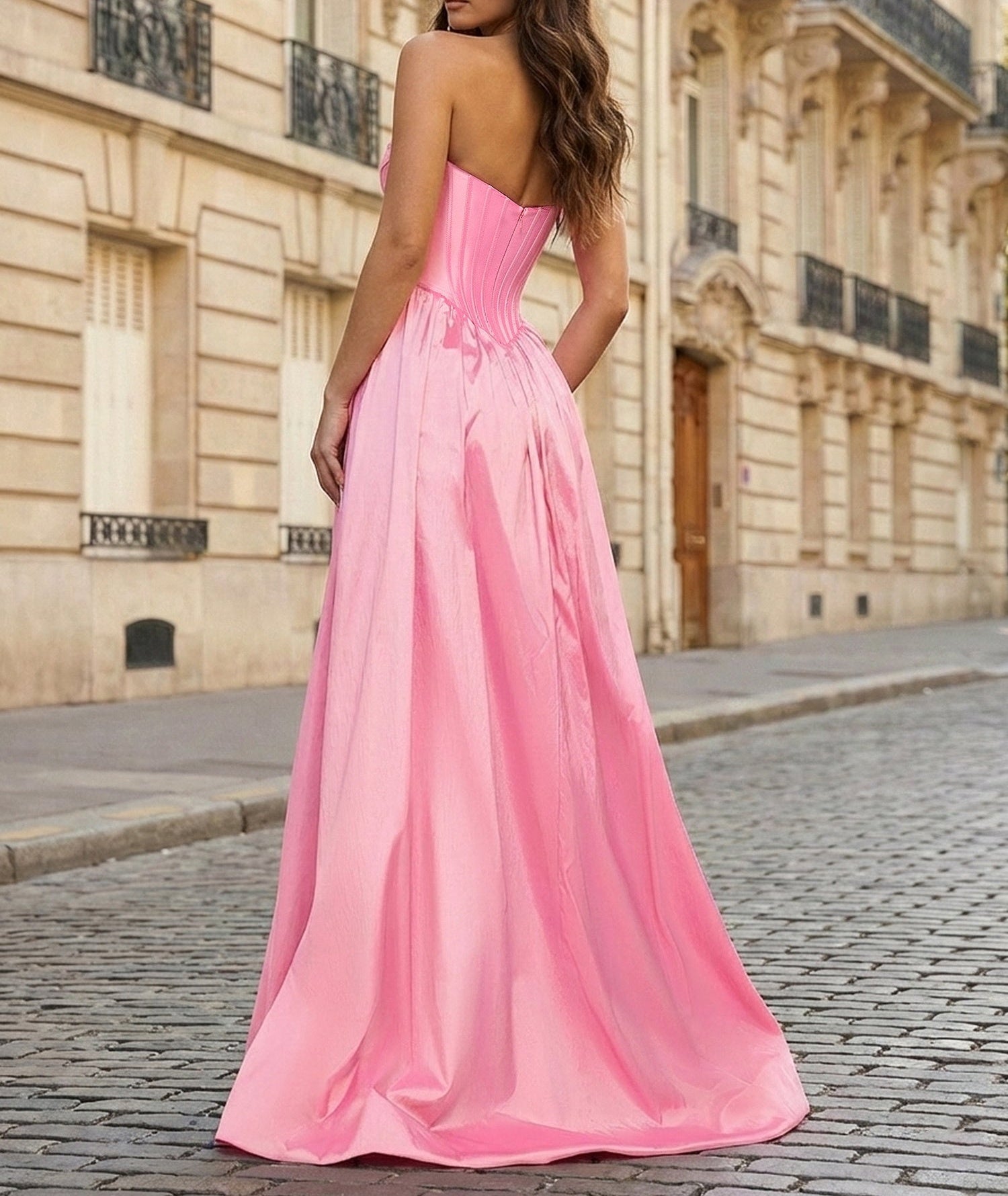 Pink Satin Strapless Long Corset Prom Dress with Slit