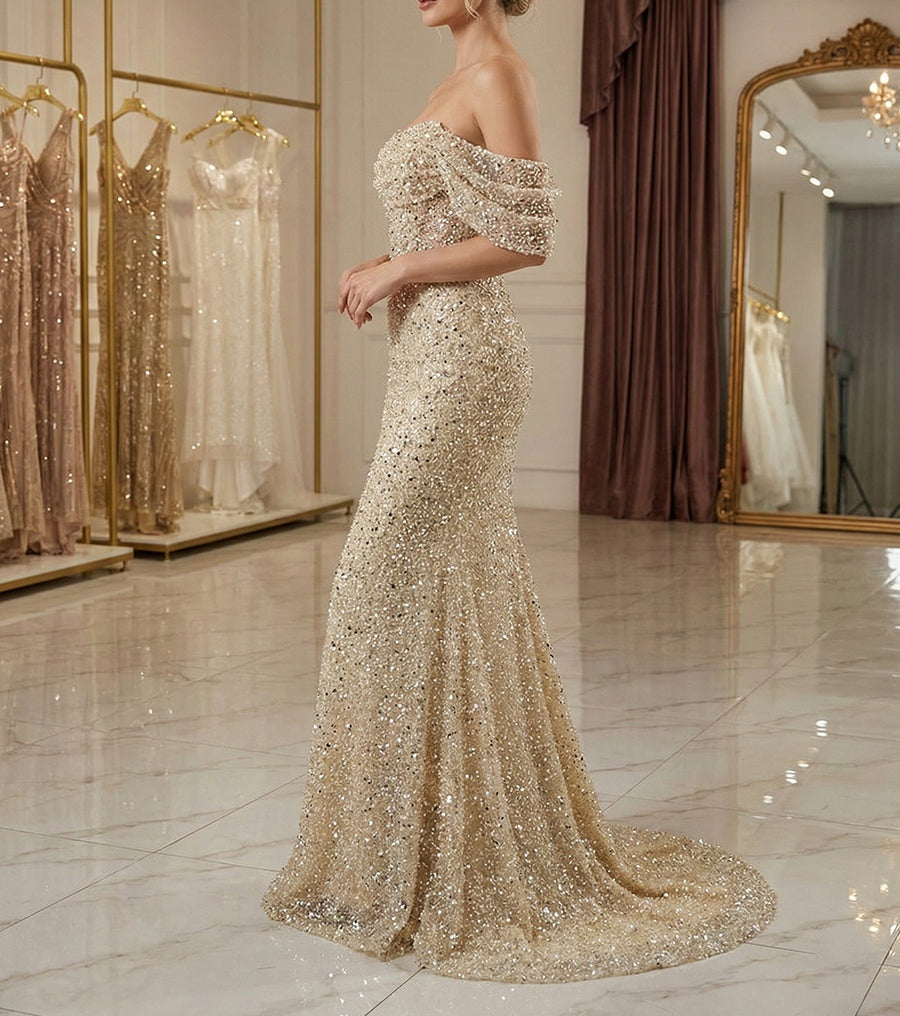 Sparkly Champagne Beaded Off-the-Shoulder Mermaid Long Prom Dress