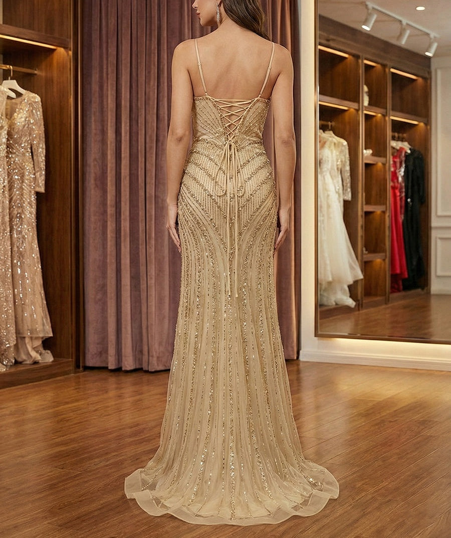 Stunning Black Geometric Beaded Mermaid Prom Dress with Nude Lining