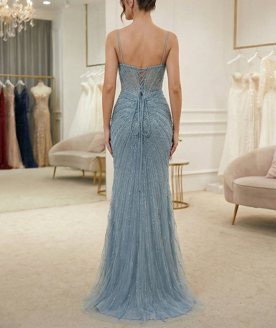 Dusty Blue Spaghetti Straps Linear Beaded Corset Prom Dress with High Slit