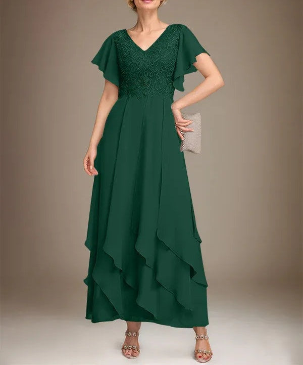 A-line V-Neck Ankle-Length Lace Chiffon Mother of the Bride Dress With Cascading Ruffles