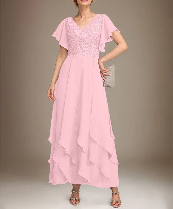 A-line V-Neck Ankle-Length Lace Chiffon Mother of the Bride Dress With Cascading Ruffles