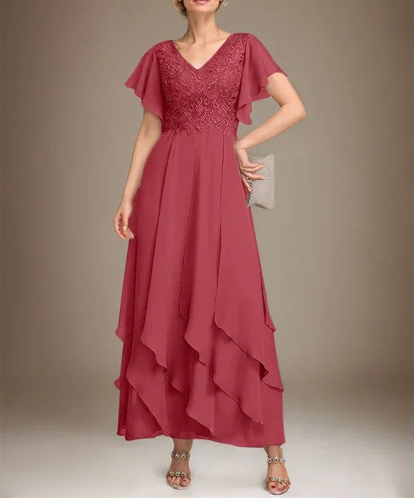 A-line V-Neck Ankle-Length Lace Chiffon Mother of the Bride Dress With Cascading Ruffles