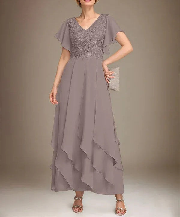 A-line V-Neck Ankle-Length Lace Chiffon Mother of the Bride Dress With Cascading Ruffles