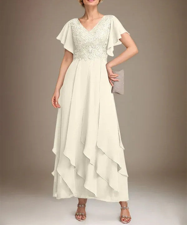 A-line V-Neck Ankle-Length Lace Chiffon Mother of the Bride Dress With Cascading Ruffles