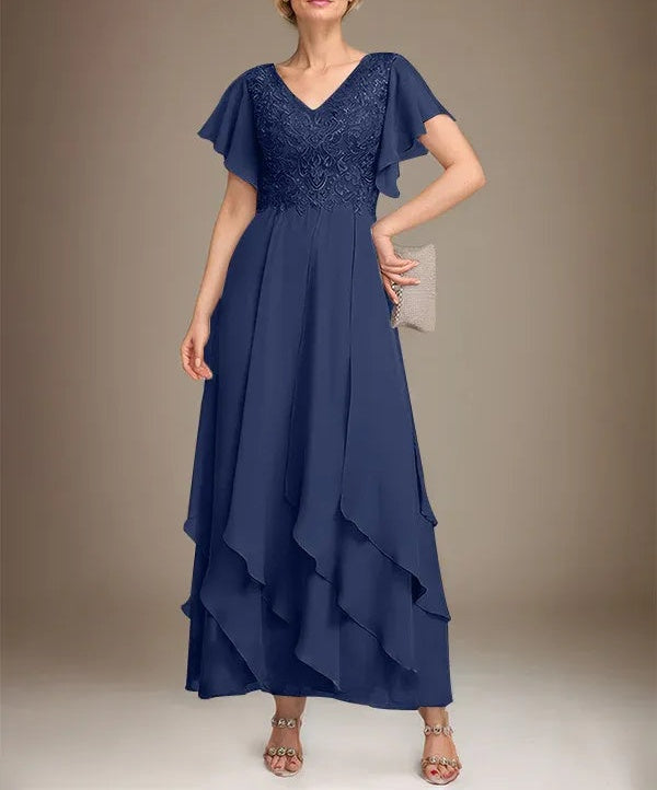 A-line V-Neck Ankle-Length Lace Chiffon Mother of the Bride Dress With Cascading Ruffles