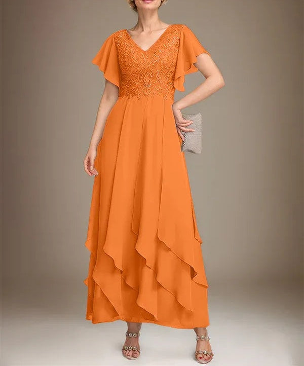 A-line V-Neck Ankle-Length Lace Chiffon Mother of the Bride Dress With Cascading Ruffles