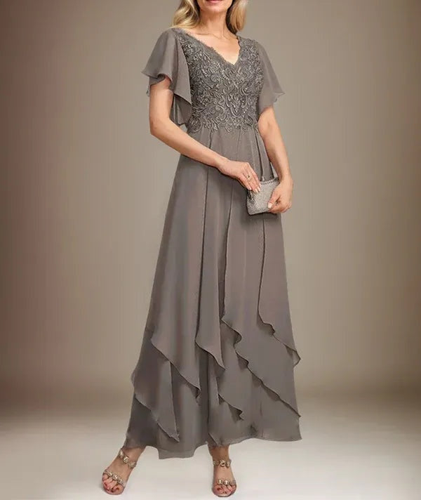 A-line V-Neck Ankle-Length Lace Chiffon Mother of the Bride Dress With Cascading Ruffles