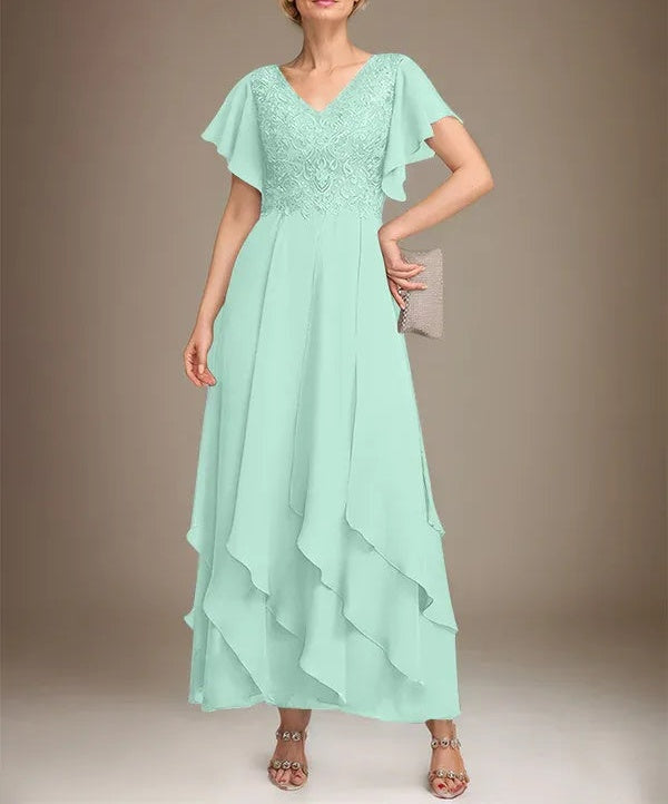 A-line V-Neck Ankle-Length Lace Chiffon Mother of the Bride Dress With Cascading Ruffles