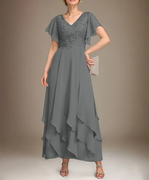 A-line V-Neck Ankle-Length Lace Chiffon Mother of the Bride Dress With Cascading Ruffles