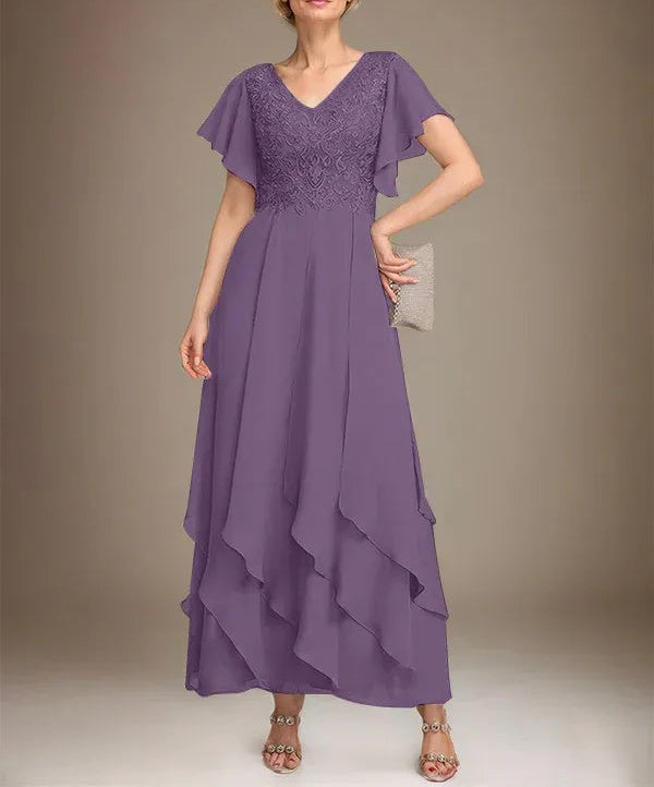 A-line V-Neck Ankle-Length Lace Chiffon Mother of the Bride Dress With Cascading Ruffles