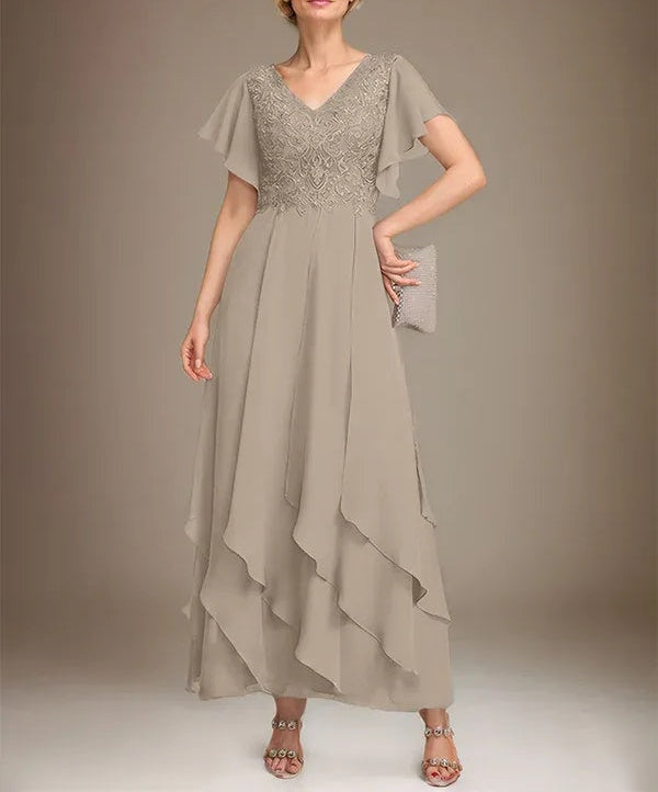 A-line V-Neck Ankle-Length Lace Chiffon Mother of the Bride Dress With Cascading Ruffles