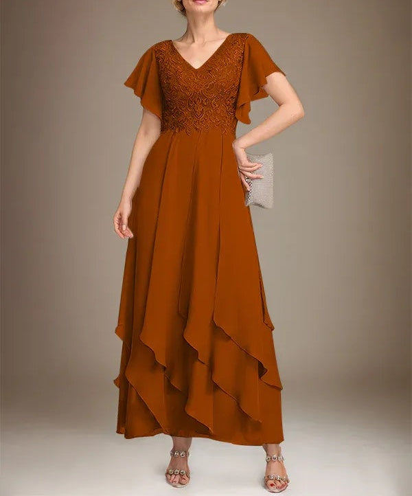 A-line V-Neck Ankle-Length Lace Chiffon Mother of the Bride Dress With Cascading Ruffles
