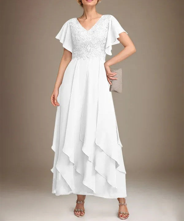 A-line V-Neck Ankle-Length Lace Chiffon Mother of the Bride Dress With Cascading Ruffles