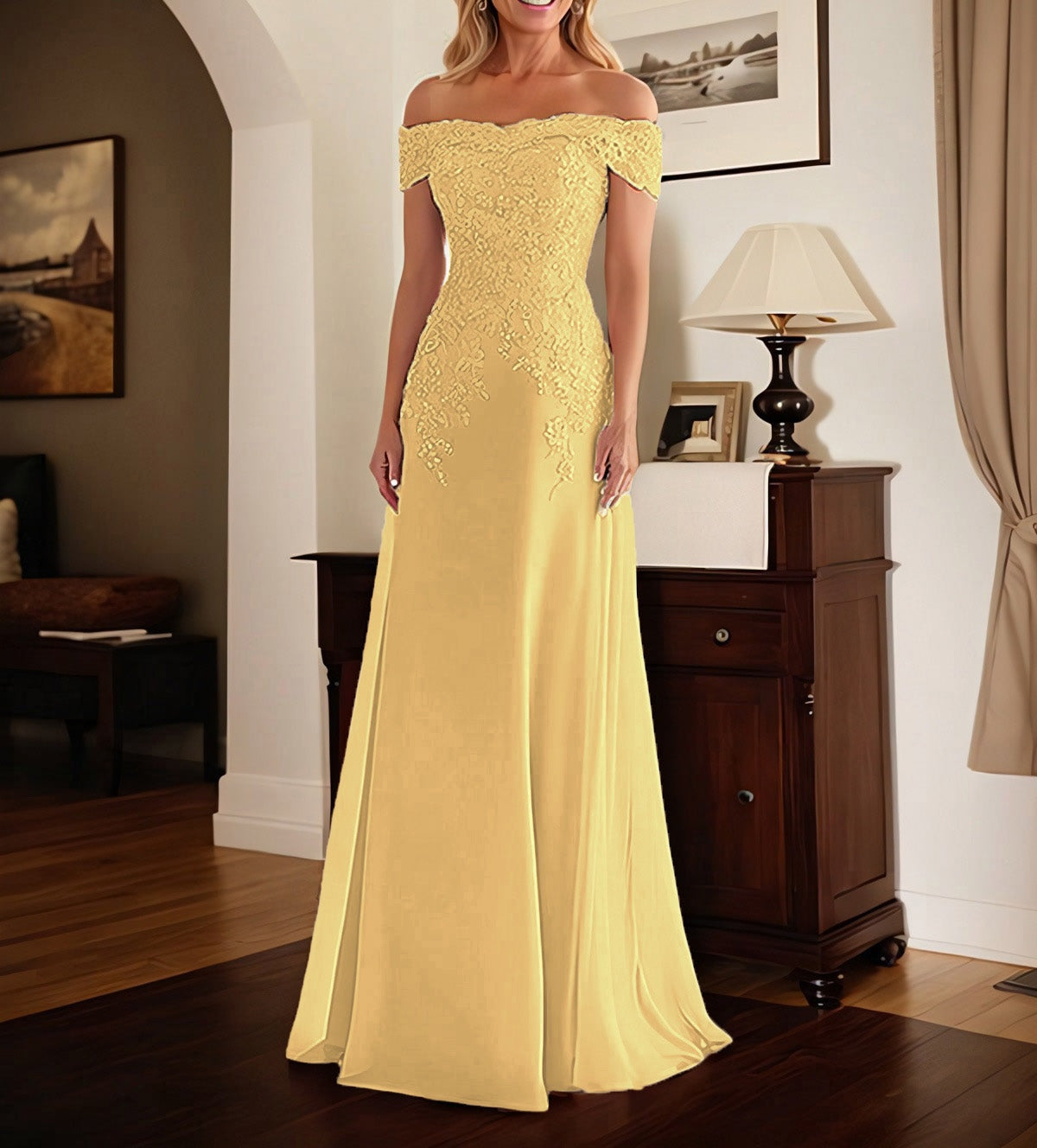 Elegant Taupe Off The Shoulder Sheath Mother of the Bride Dress with Lace
