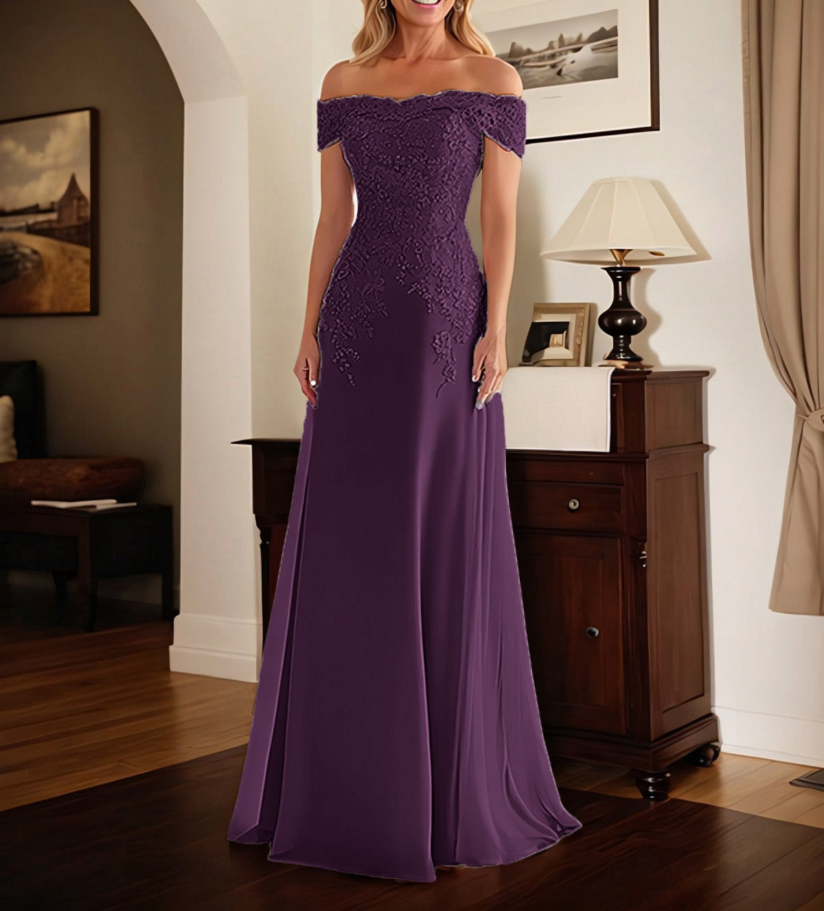 Elegant Taupe Off The Shoulder Sheath Mother of the Bride Dress with Lace