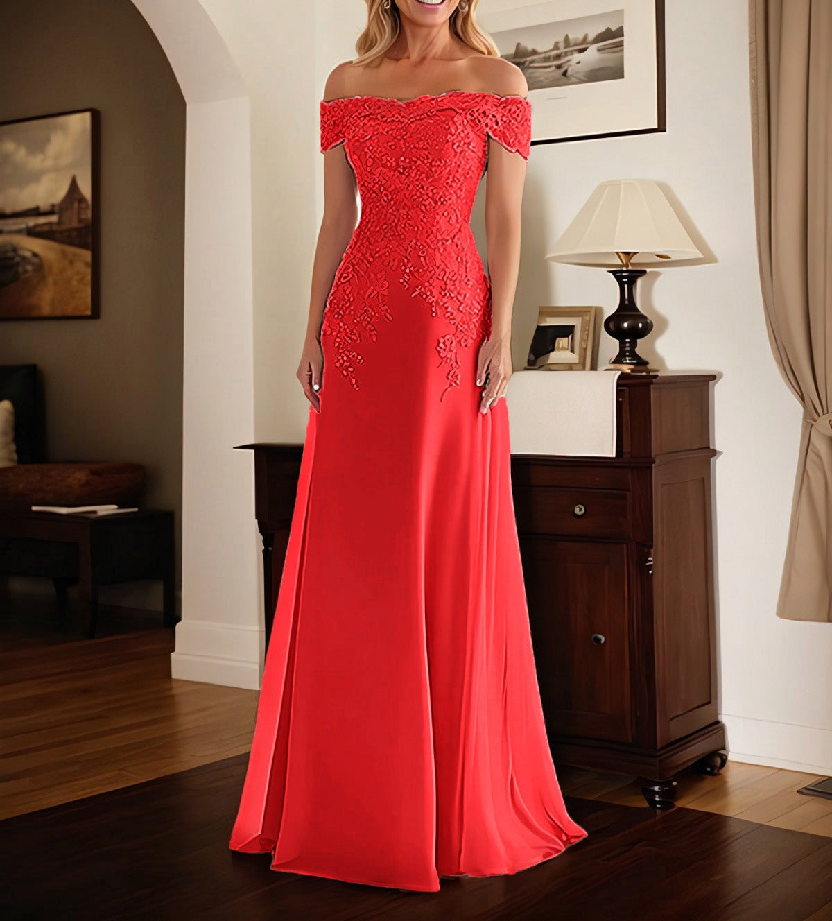 Elegant Taupe Off The Shoulder Sheath Mother of the Bride Dress with Lace