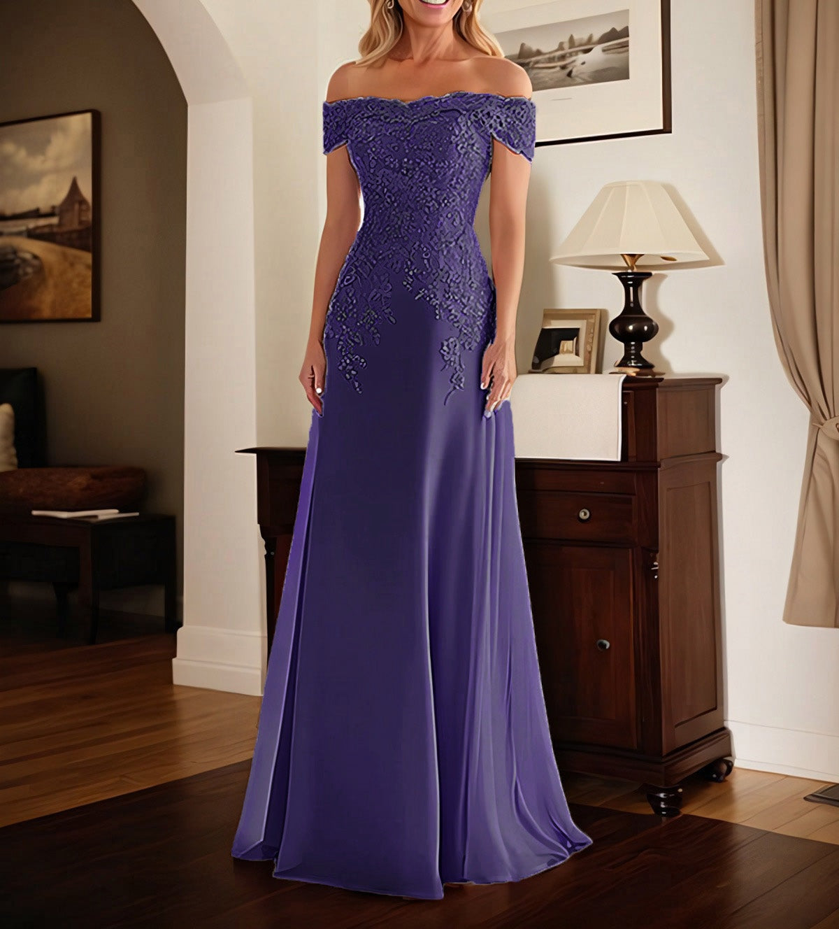 Elegant Taupe Off The Shoulder Sheath Mother of the Bride Dress with Lace