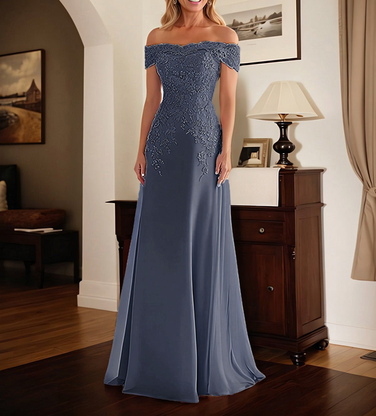 Elegant Taupe Off The Shoulder Sheath Mother of the Bride Dress with Lace