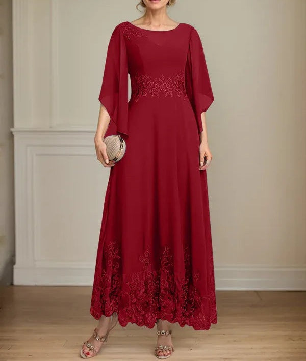 A-line Scoop Illusion Ankle-Length Lace Chiffon Mother of the Bride Dress With Sequins