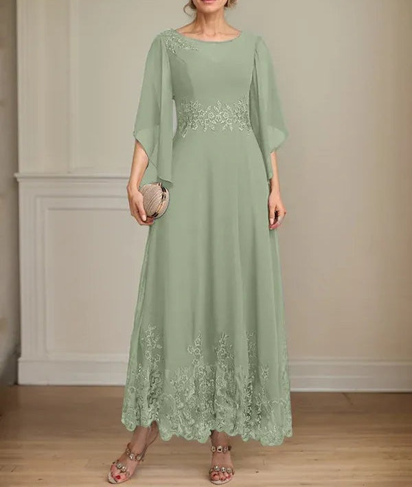 A-line Scoop Illusion Ankle-Length Lace Chiffon Mother of the Bride Dress With Sequins
