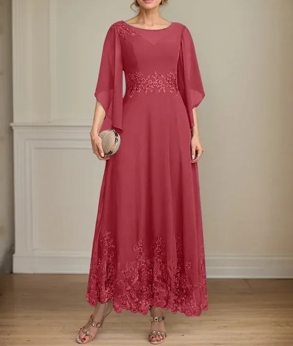 A-line Scoop Illusion Ankle-Length Lace Chiffon Mother of the Bride Dress With Sequins