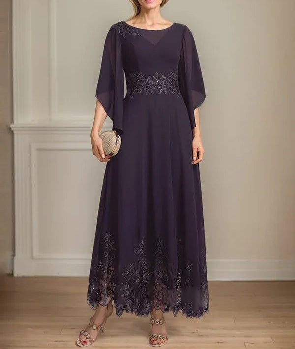 A-line Scoop Illusion Ankle-Length Lace Chiffon Mother of the Bride Dress With Sequins