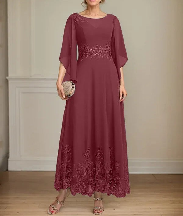 A-line Scoop Illusion Ankle-Length Lace Chiffon Mother of the Bride Dress With Sequins