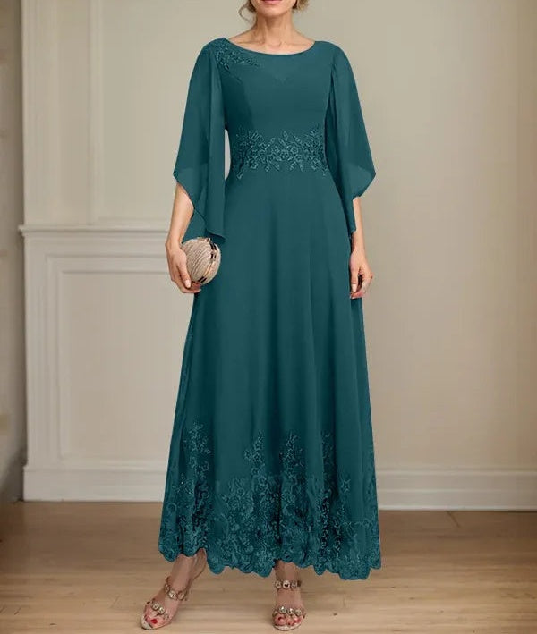 A-line Scoop Illusion Ankle-Length Lace Chiffon Mother of the Bride Dress With Sequins