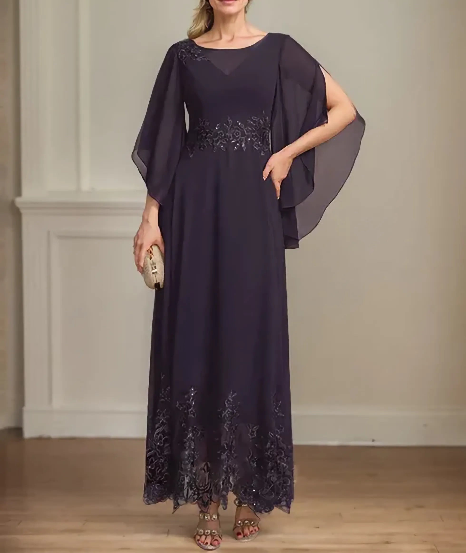 A-line Scoop Illusion Ankle-Length Lace Chiffon Mother of the Bride Dress With Sequins