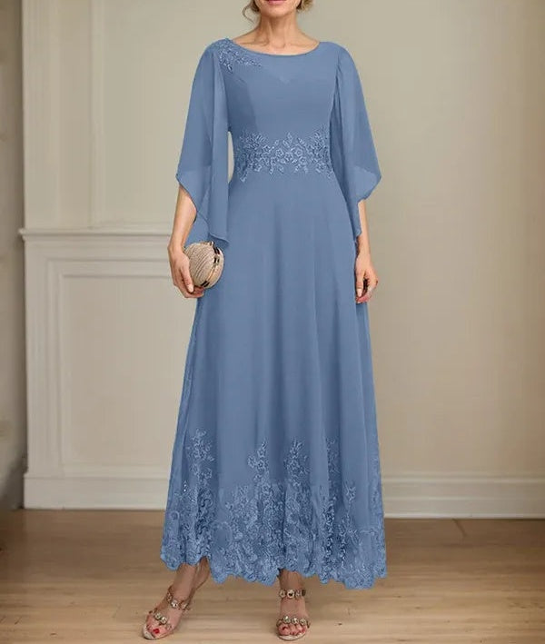 A-line Scoop Illusion Ankle-Length Lace Chiffon Mother of the Bride Dress With Sequins