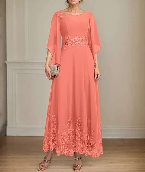 A-line Scoop Illusion Ankle-Length Lace Chiffon Mother of the Bride Dress With Sequins