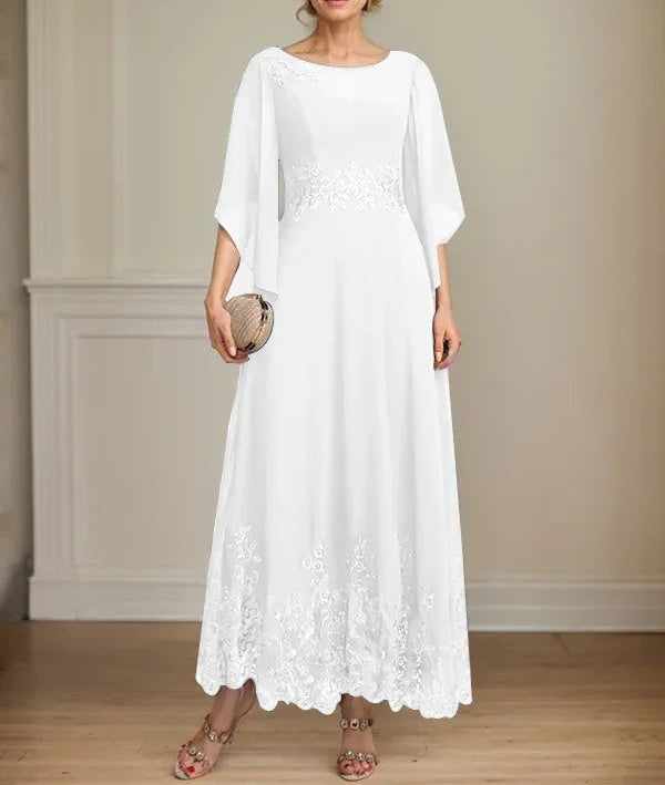 A-line Scoop Illusion Ankle-Length Lace Chiffon Mother of the Bride Dress With Sequins
