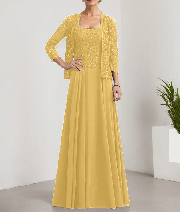 A-line Square Floor-Length Lace Chiffon Mother of the Bride Dress With Sequins