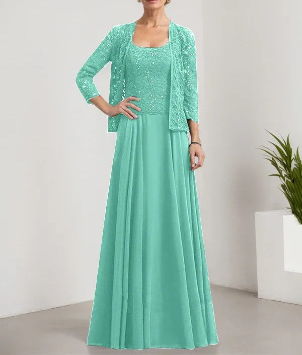A-line Square Floor-Length Lace Chiffon Mother of the Bride Dress With Sequins