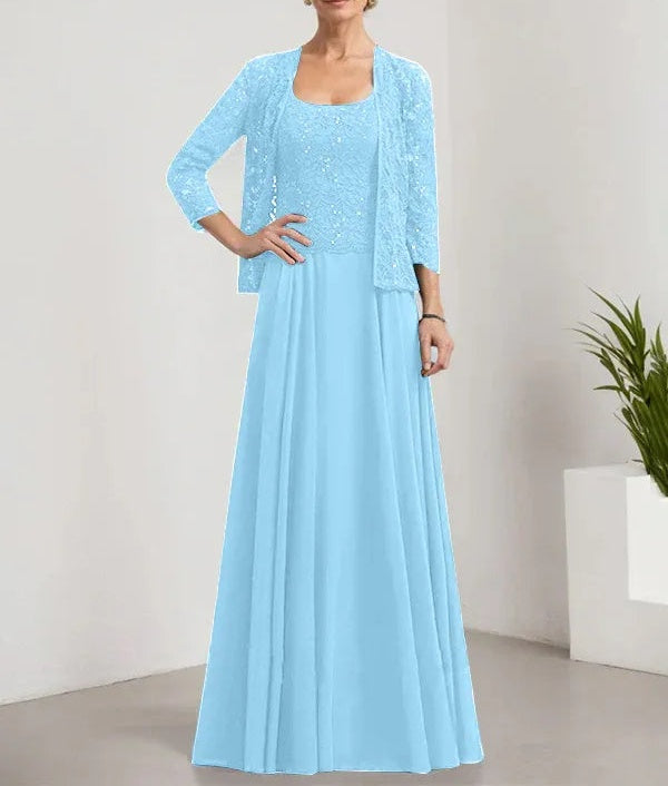 A-line Square Floor-Length Lace Chiffon Mother of the Bride Dress With Sequins