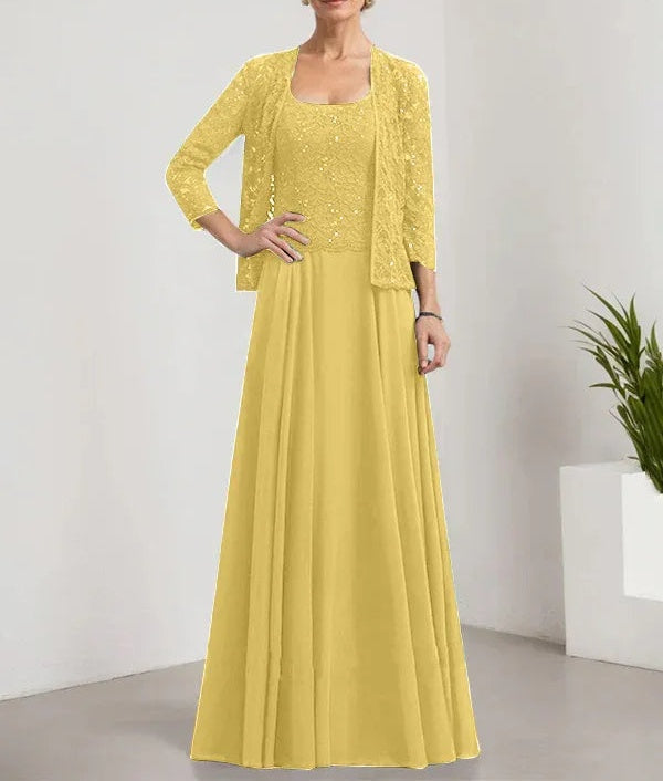 A-line Square Floor-Length Lace Chiffon Mother of the Bride Dress With Sequins