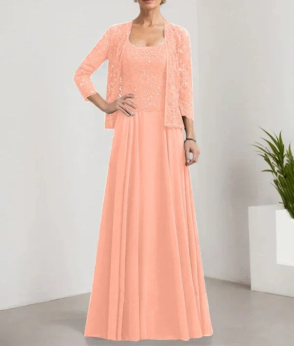 A-line Square Floor-Length Lace Chiffon Mother of the Bride Dress With Sequins