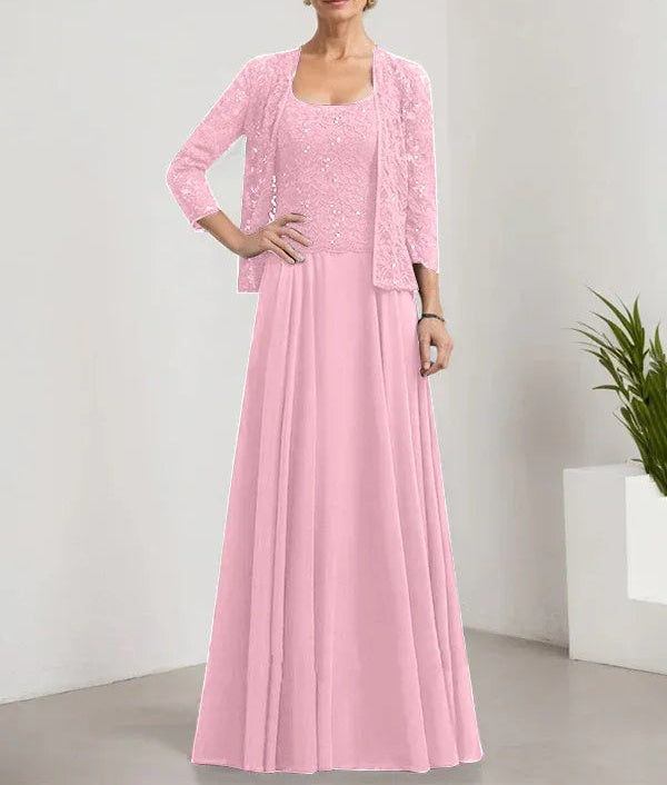 A-line Square Floor-Length Lace Chiffon Mother of the Bride Dress With Sequins